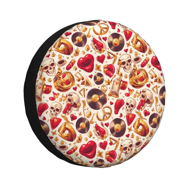 Fotbe Skull Retro record lips Funda de Llanta de Repuesto con Estampado, Engrosada, Ajuste Universal para Jeep, Remolque, RV, SUV, Camión-14 inch