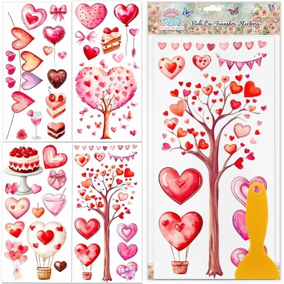 4 Sheets Valentine's Day Chocolate Rub on Transfers Love Tree Furniture Decor Transfers Sticker Heart Balloon UV Transfers Decal Craft for DIY Making