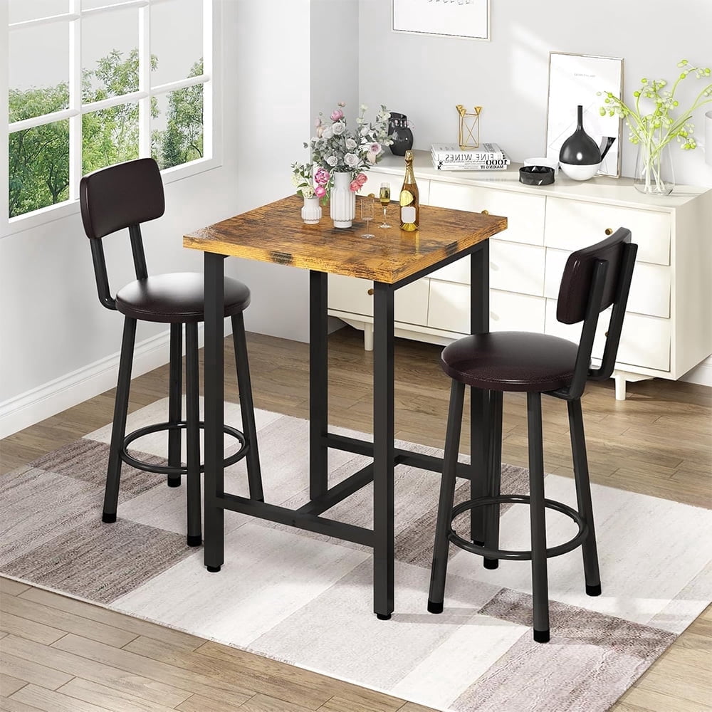 3 Piece Pub Dining Set, 24" Dining Table Set with 2 PU Leather Upholstered Stools, Square Small Space Kitchen Table Pub Set for Apartment Dining Room, Living Room (Rustic Brown)