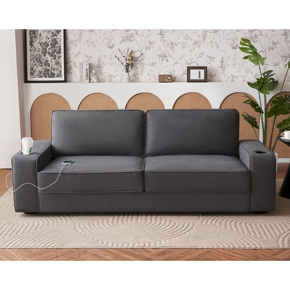 VANACC Sofa, Modern Sofa with USB & Cup Holders, Comfy Couch for Living Room (Grey Chenille)