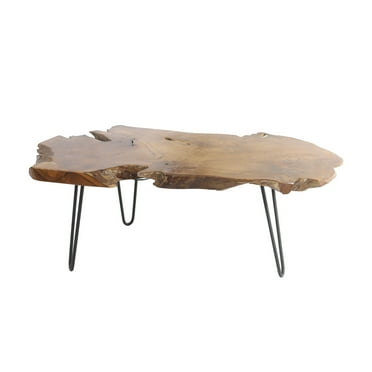 DecMode 43" x 17" Brown Teak Wood Handmade Live Edge Coffee Table with Black Metal Hairpin Legs, 1-Piece