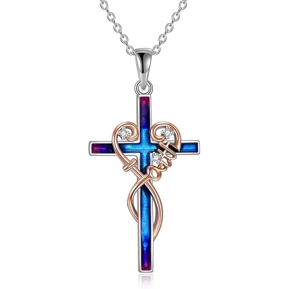 DOLIOX Women Cross Necklace Sterling Silver Birth Flower Pendant Necklace Religious Cross Jewelry Gifts for Women