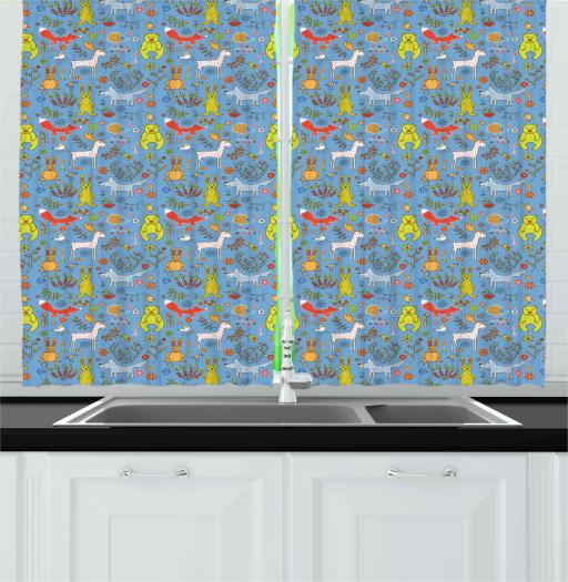Hedgehog Curtains 2 Panels Set, Spring Forest Fauna Deer Fox Birds Bear Mouse Reindeer Wolf Sparrows and Flowers, Window Drapes for Living Room Bedroom, 55W X 39L Inches, Multicolor, by Ambesonne