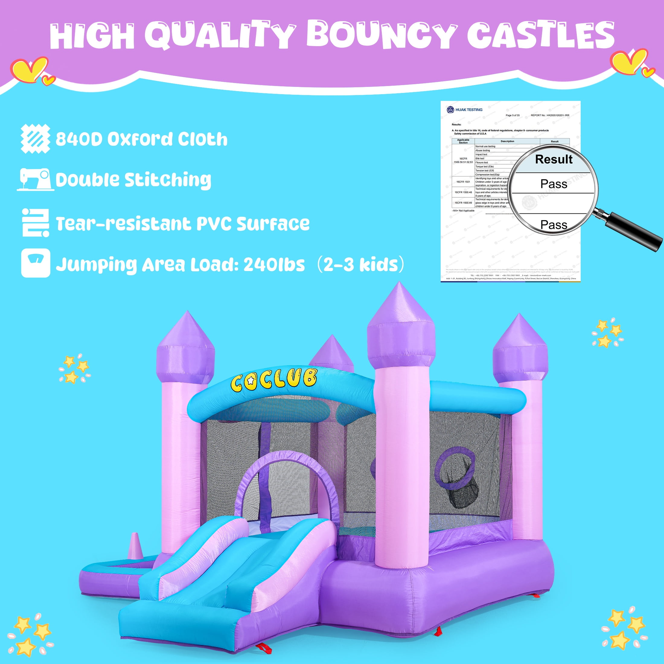 Bounce House with Blower, 6 in 1 Outdoor Inflatable Bounce Castle with Slide/Basketball Hoop/Ball Pit/Ring-toss Game/Pitching Game, Jump House for Kids Toddlers Ages 3-12