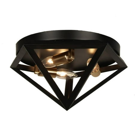 

3 Light Flush Mount Fixture Matte Black with Antique Brass Accents