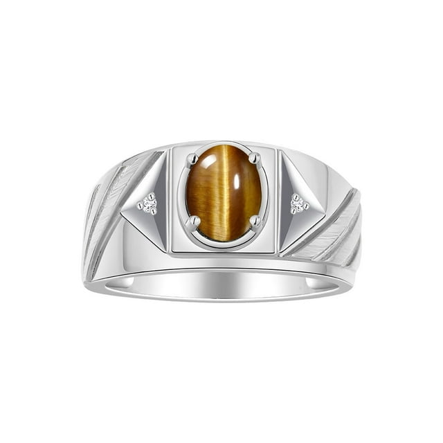 RYLOS Men's Rings Sterling Silver Rings Classic Designer Style 8X6MM Oval Gemstone & Diamond Ring Tiger Eye Birthstone Rings For Men Size 10