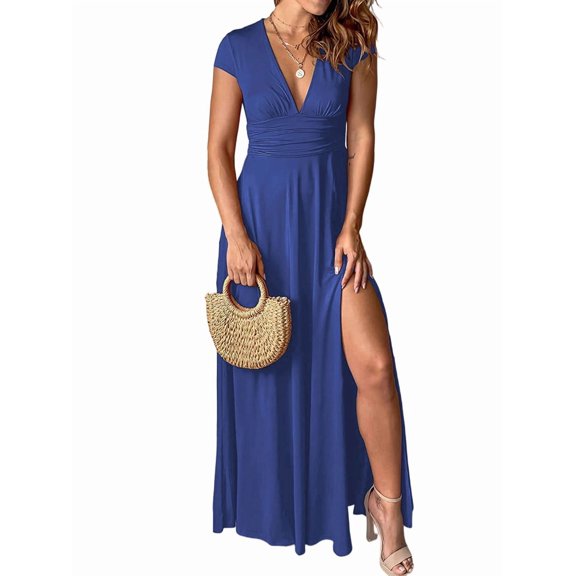 Women'S Deep V Neck Solid Color Pleated High Waist Slit Club Party Evening Long Maxi Dress Blue S