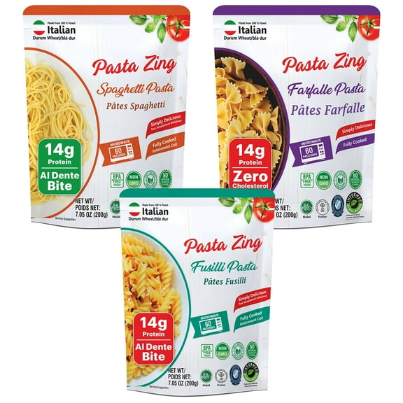 Pasta Zing Microwavable Variety Pasta Pack of 7 | 2x Farfalle | 3x Spaghetti, 2x Fusilli Pasta | Microwave Pasta Ready To Eat in 60 Sec - Fully Cooked -100% Durum Wheat 7.05 Ounce