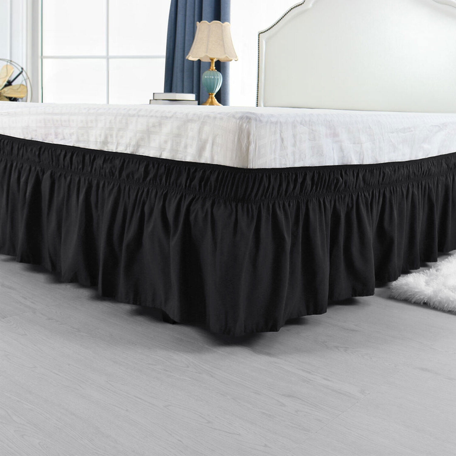 REGALWOVEN Bed Skirt Polyester Elastic Wrap Around Dust Ruffle, Queen Black