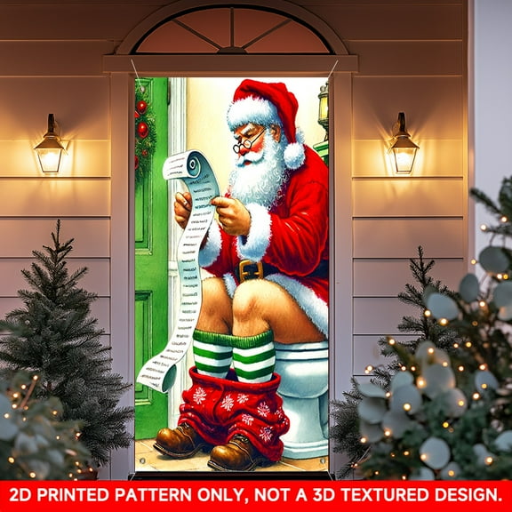 1 PC, 2D Flat/ Flat art decorative door cover decoration, Santa Claus using the toilet design pattern, 70.87x35.43 inches (180x90cm), universal daily wall decoration, elegant daily front door decorat