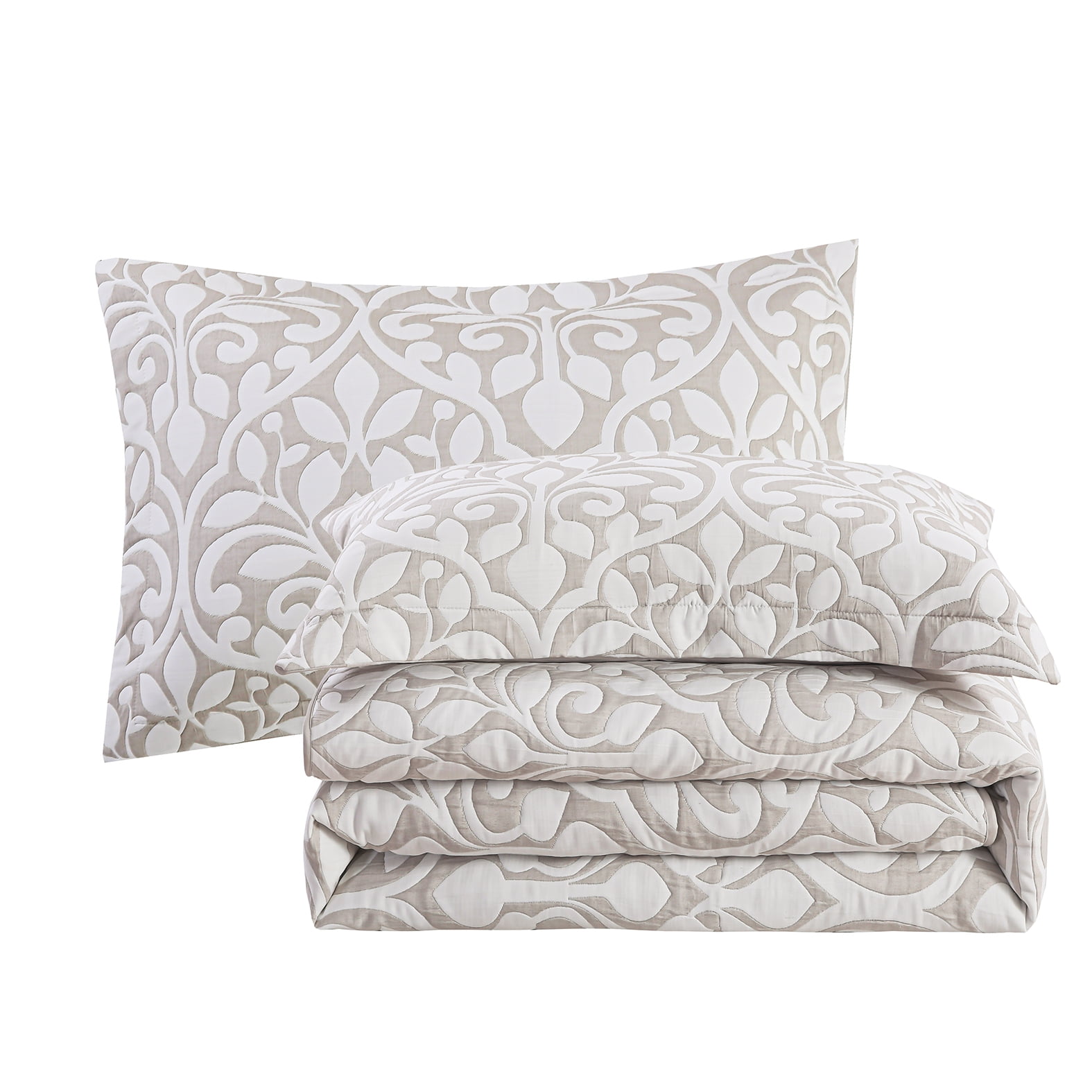 Couvre-lit brodé en jacquard Marina Decoration, couvre-lit ultra doux, parure de lit réversible d'été avec taies d'oreiller matelassées, motif de feuilles grises