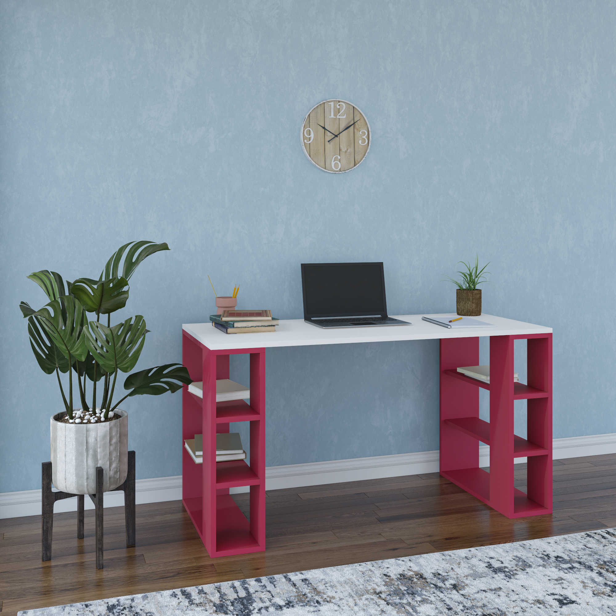 Ada Home Decor Minimalist Home Office Computer Desk Workstation with 3 Shelves Bookcase, White/Burgandy