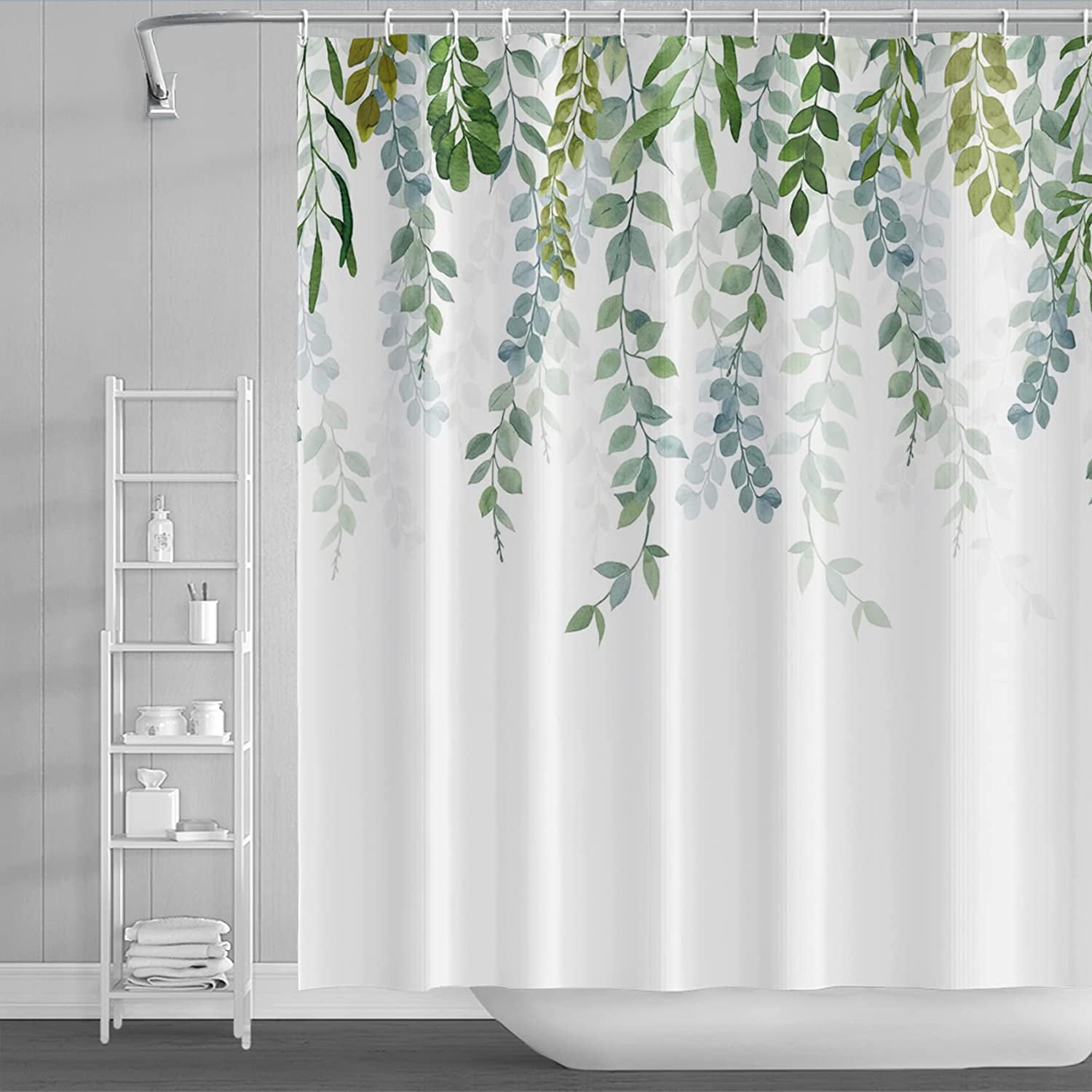 Sage Green Shower Curtain for Bathroom ,Waterproof QuickDrying Fabric Plant Shower Curtain Set