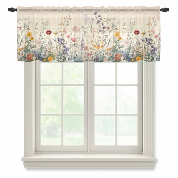 Spring Floral Valance Curtains for Kitchen/Living Room/Bathroom/Bedroom Window, Rod Pocket Small Topper Half Short Window Curtains Voile Sheer Scarf, Beige Watercolor Botanical 60"x18"