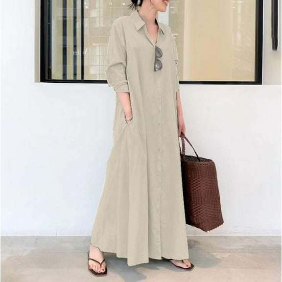 IDALL Maxi Dresses,Casual Dresses Women's Casual Button Down Cotton Linen Long Shirt Dress With Pockets Long Sleeve Dress,Long Dresses,Womens Dresses A Dress L