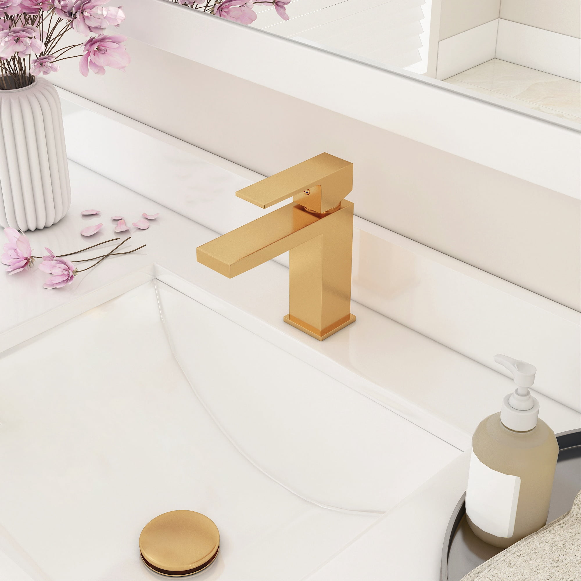 Ayna Decors Brushed Gold Bathroom Sink Faucet Single Hole, Brass Single Handle Vanity Faucet with Pop Up Drain Stopper and Water Faucet Supply Lines - AFPU30101BG