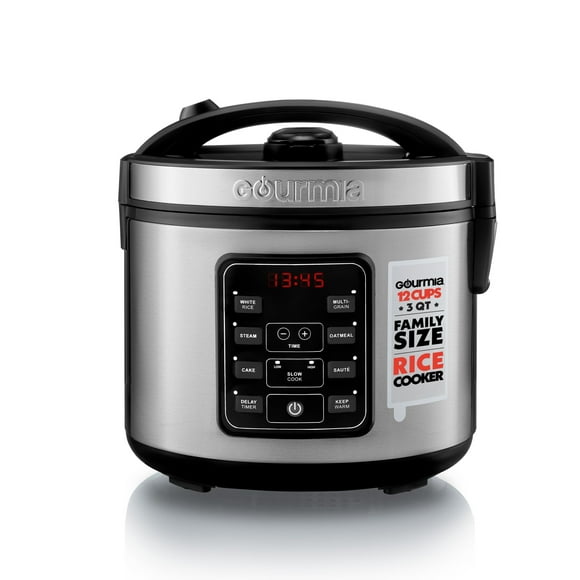 Gourmia Cuiseur et Cuiseur Vapeur pour Riz et Grains avec Commandes à une Touche, Casserole Antiadhésive, Capacité de 12 Tasses Cuites (6 Tasses Non Cuites), Acier Inoxydable