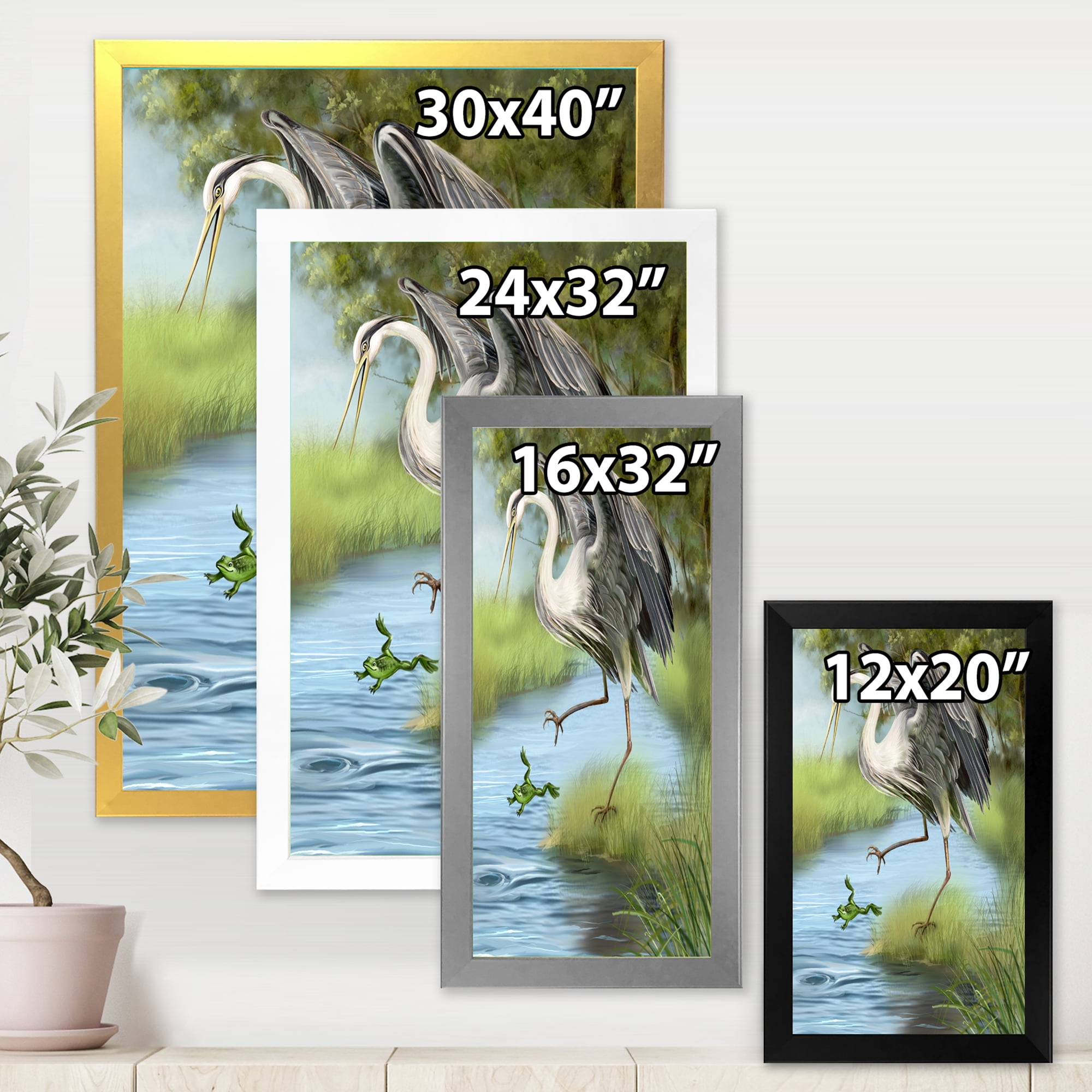 Designart 'Crane Hunting A Frog' Farmhouse Framed Art Print