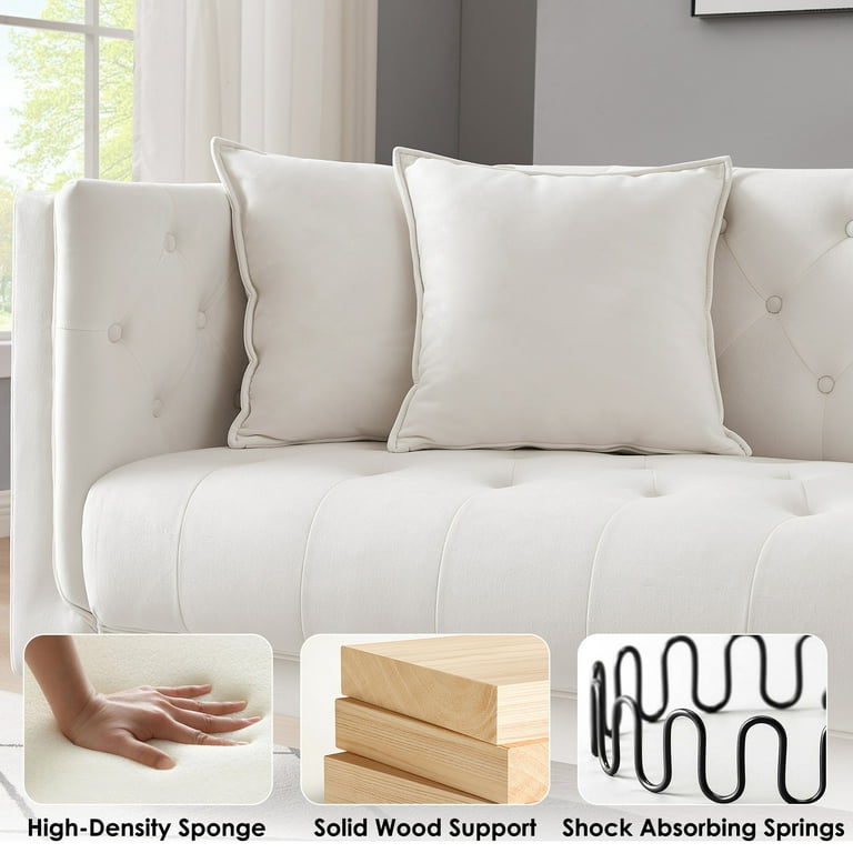 Homfa 78 3 Inch Seater Sofa Velvet Upholstered Handmade Tufted Couch With Armrests 2 Pillow For Living Room White