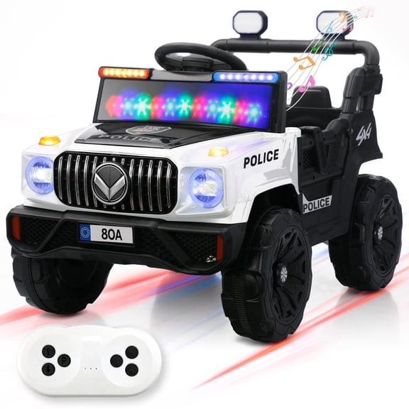 Kids House Carrito Electrico Montable para Niños Turbo Cruiser, Diseño de Policia, Color Blanco, Carrito de Control Remoto y Manejo Directo, con Luces, Estereo y Pedales Funcionales