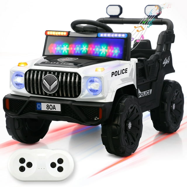 Kids House Carrito Electrico Montable para Niños Turbo Cruiser, Diseño de Policia, Color Blanco, Carrito de Control Remoto y Manejo Directo, con Luces, Estereo y Pedales Funcionales