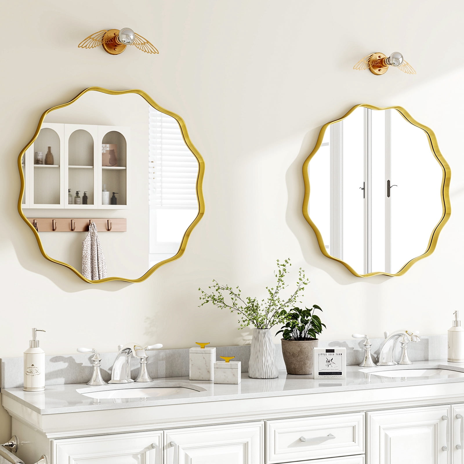 SHATTERVIEW 36" Wavy Round Bathroom Mirror Wall Mounted Vanity Mirror, Gold