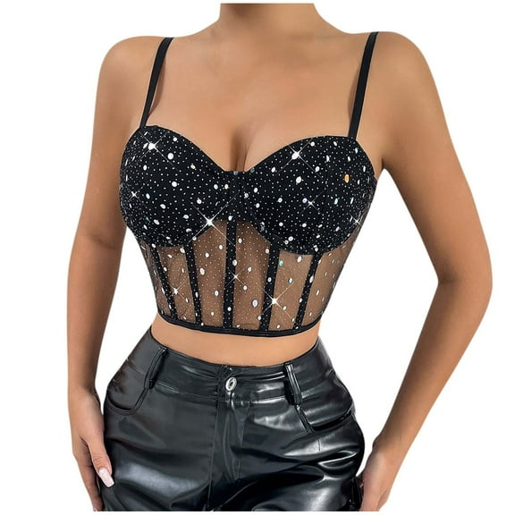 ZZwxWA Women's Rhinestone Mesh Bustier Spaghetti Strap Sleeveless Crop Cami Top Summer Saving