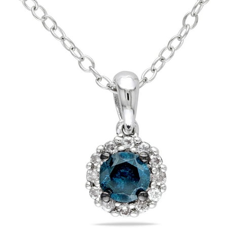 1/2 Carat T.W. Blue and White Diamond Sterling Silver Halo Pendant, 18