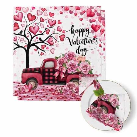 Valentine s Day Cloth Napkins Set of 2 Romantic Pink Roses Floral on Truck Love Heart Tree Pink Loves Soft Washable Square Dinner Napkins for Party Wedding Restaurant Hotel Cocktail 20x20 Inch