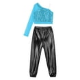 thumbnail image 3 of TiaoBug Kids Girls Sequins Hip Hop Jazz Ballet Dance Outfits One Shoulder Long Sleeve Crop Top with Metallic Pants Set Light Blue&Black 10, 3 of 7