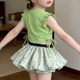 thumbnail image 5 of WIBACKER Girls Fresh Clothes 1-9 Years Side Tie Ruffle Tops and Leaf Print Tutu Skirt Shorts 2 Piece Outfit Kids Girl Summer Outfits, 5 of 8