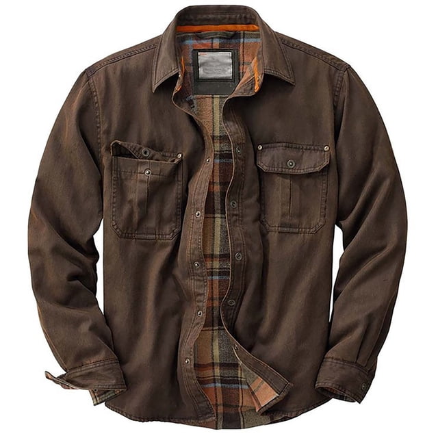 Xysaqa Men's Plaid Lined Shirt Jackets Lightweight Casual Button Up Rugged Work Shirts for Men Long Sleeve Outdoor Cargo Shirts Shacket Pockets Spring Fall Clothes S-5XL(Available in Big & Tall) Brown