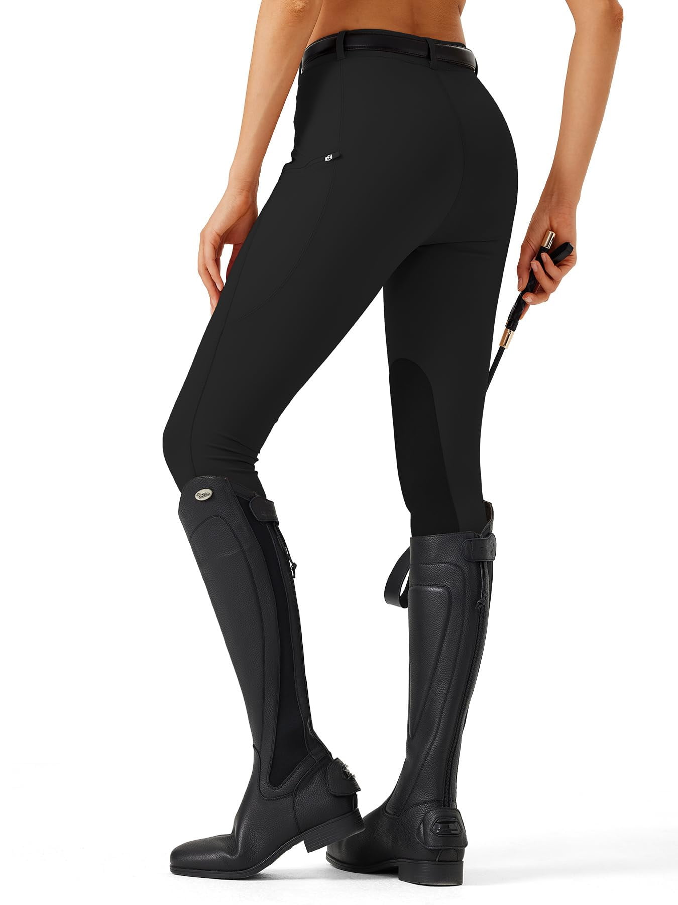 Women's Horse Riding Pants with Zipper Pockets Knee-Patch Schooling Tights Equestrian Breeches for Women Black M