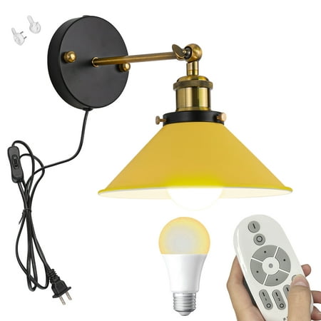 

FSLiving Remote Control Lamp Macaron Yellow Metal Wall Sconce Adjustable Angle Wall Lamp Lighting Fixture with 5.9ft Plug in Cord Stepless Dimming & Color Changing - 1 Pack