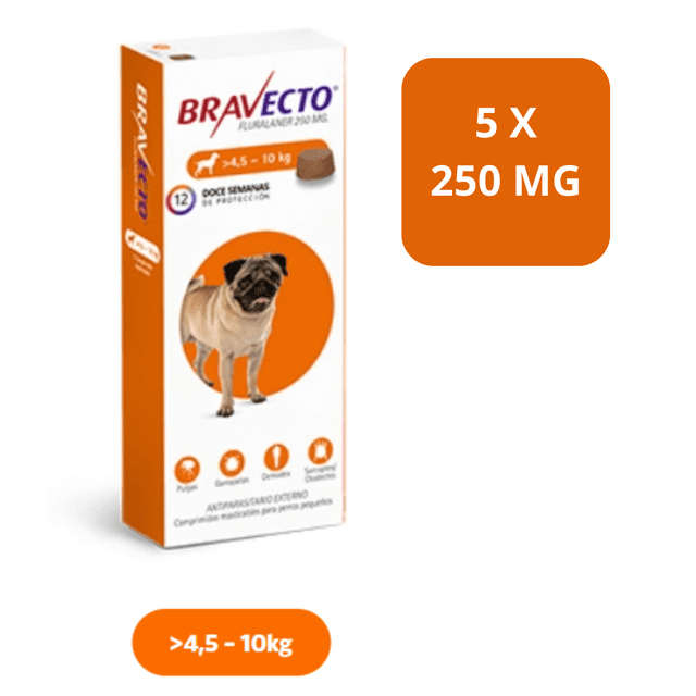 Pack de 5 Comprimido Bravecto Antipulgas Antigarrapatas 250 Mg 4.5-10Kg (5 de 250 mg)
