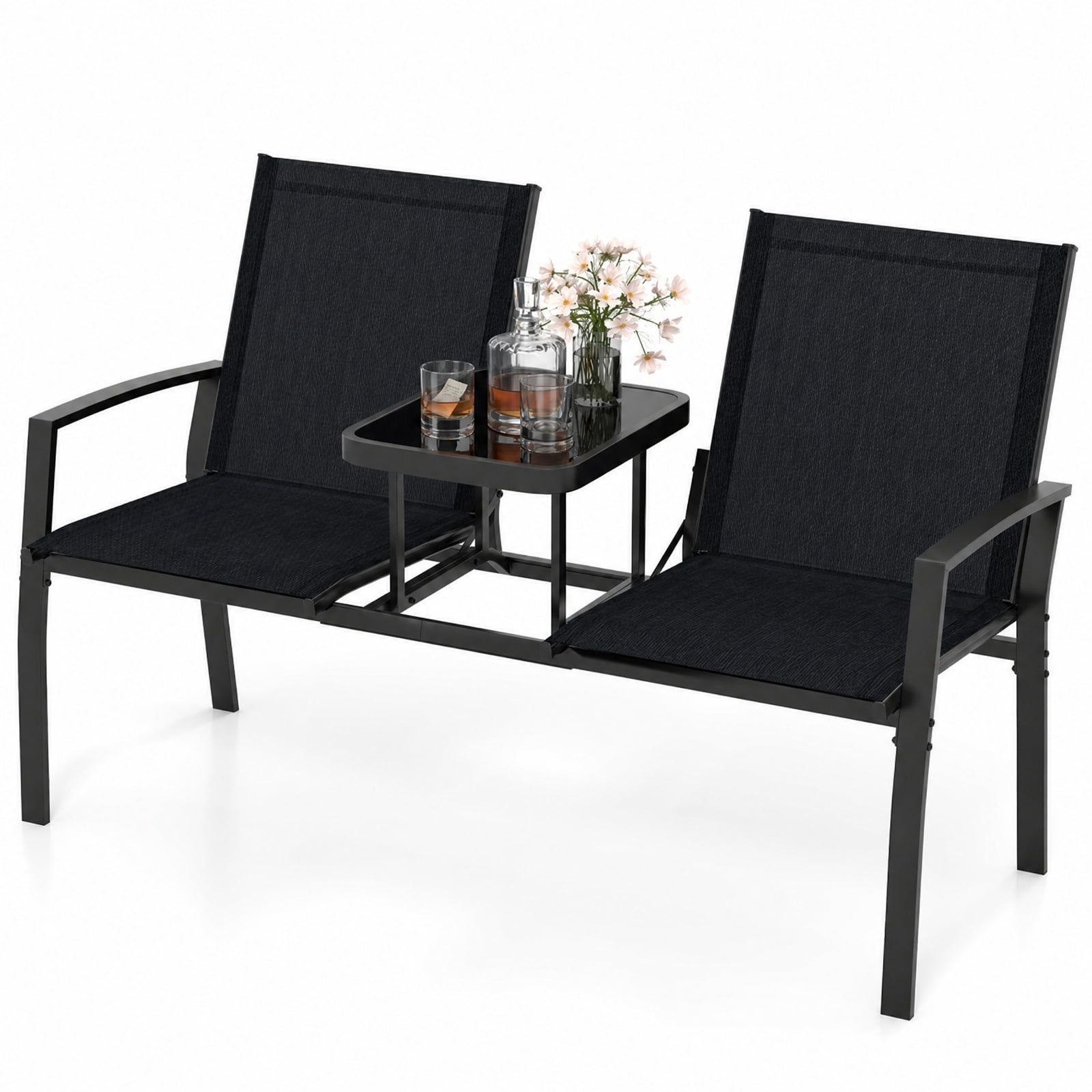 Furnibear Patio Loveseat with Built in Table and Breathable Fabric Back for Porch Garden and Poolside Outdoor Seating, Black