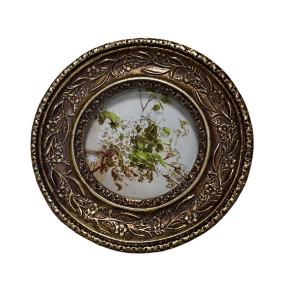 Small Antique Round Picture Frame Ornate Resin Carving Bronze Photo Frame Wall Hanging and Tabletop Display Home Decors