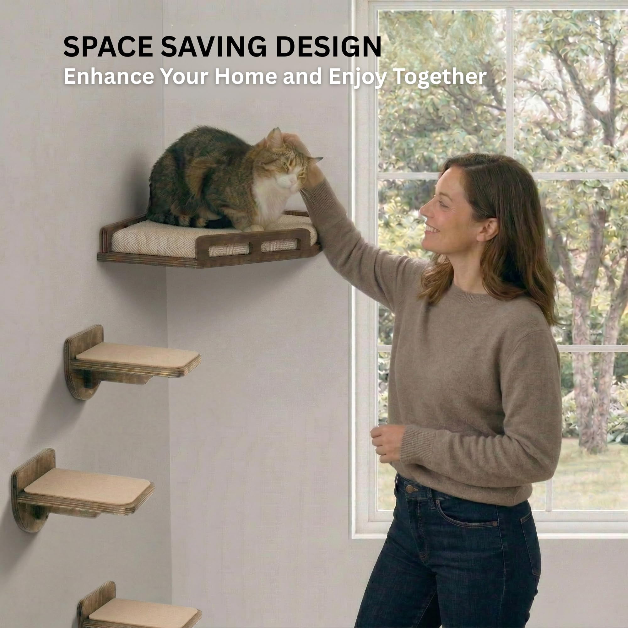 Cat Wall Shelves - Safe And Sturdy Furniture Stylish Wood Corner Shelf With 3 Steps For Cats Up To 15lbs Cushioned Perch Stairs Climbing Playing Dark Brown