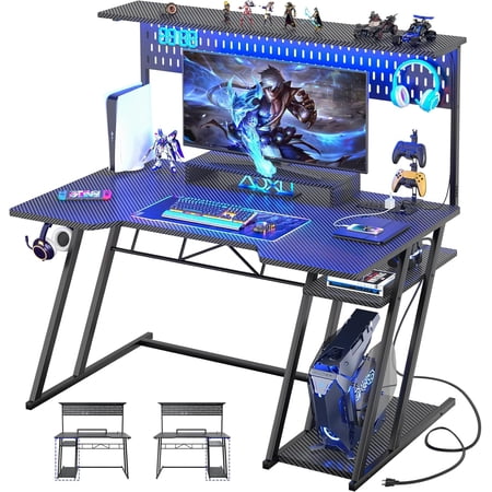 47" Gaming Desk with Hutch and LED Lights, Gaming Computer Desk with Power Outlets, Gamer Desk with Storage Shelves, Game Desks with Pegboards for Bedroom, Black