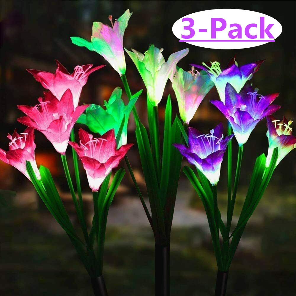 3 Packs Solar Powered Lights with 12 Lily Flower, Multi-Color Changing LED Solar Decorative Lights for Garden, Patio, Backyard