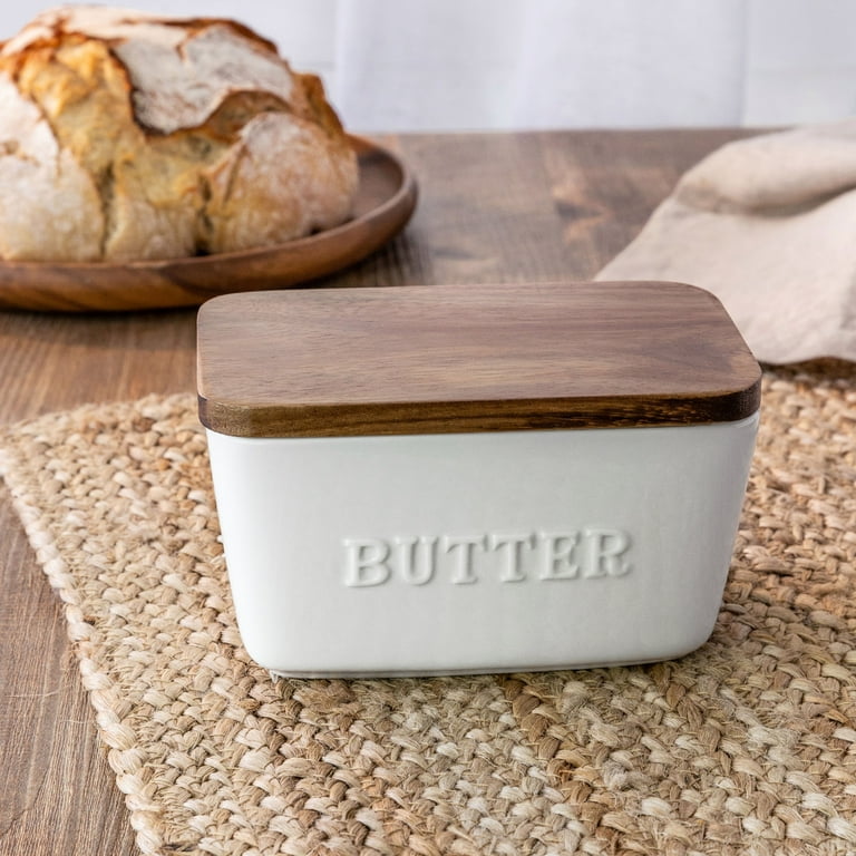 Better Homes & Gardens- White and Acacia Wood Porcelain Embossed Butter Dish