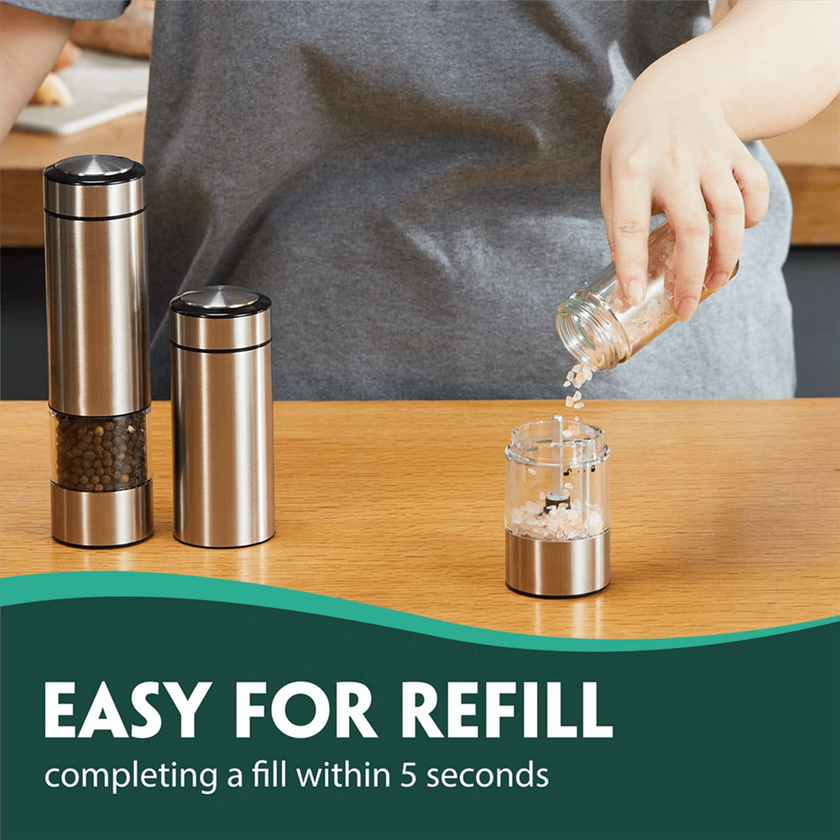 2X Electric Pepper Grinder, Automatic Pepper Mill Grinder, Stainless Steel Battery Operated Salt Grinder Refillable