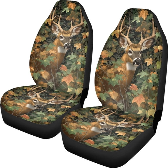 XYZCANDO Protective Front Seats Covers Auto SUV Sedan, Anti-Scratch Anti-Slip Car Seat Covers Set of 2 Polyester Forest Deer Camo Pattern
