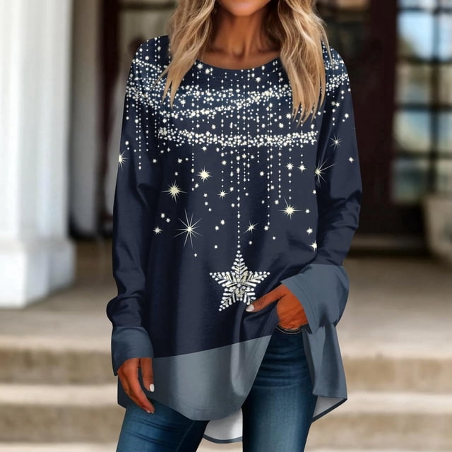 MHFRRA Camiseta de Manga Larga con Estampado Festivo, Cuello Redondo, Suave, Informal, Cómoda, con Gráficos de Temporada Azul Oscuro