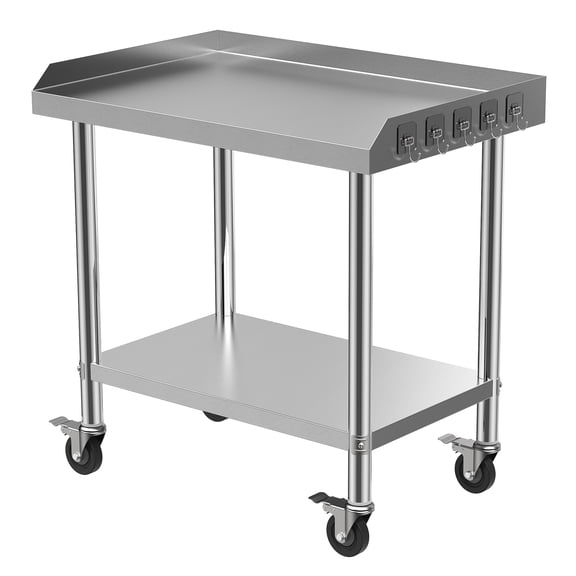 Lorelo 30x24 Inch 2-Tiers Stainless Steel Stand, Stainless Steel Equipment Grill Stand Table, Stainless Steel Table with 3-Sided Baffle & Detachable Wheels, for Hotel, Home, Commercial Restaurant