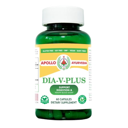 Apollo Ayurveda Dia V Plus Blood Glucose and Digestion Support Supplement | Karela (Bitter Melon), Cinnamon, Neelkanthi Capsules | Ayurvedic Herbal Supplement | Vegan 60 Capsules