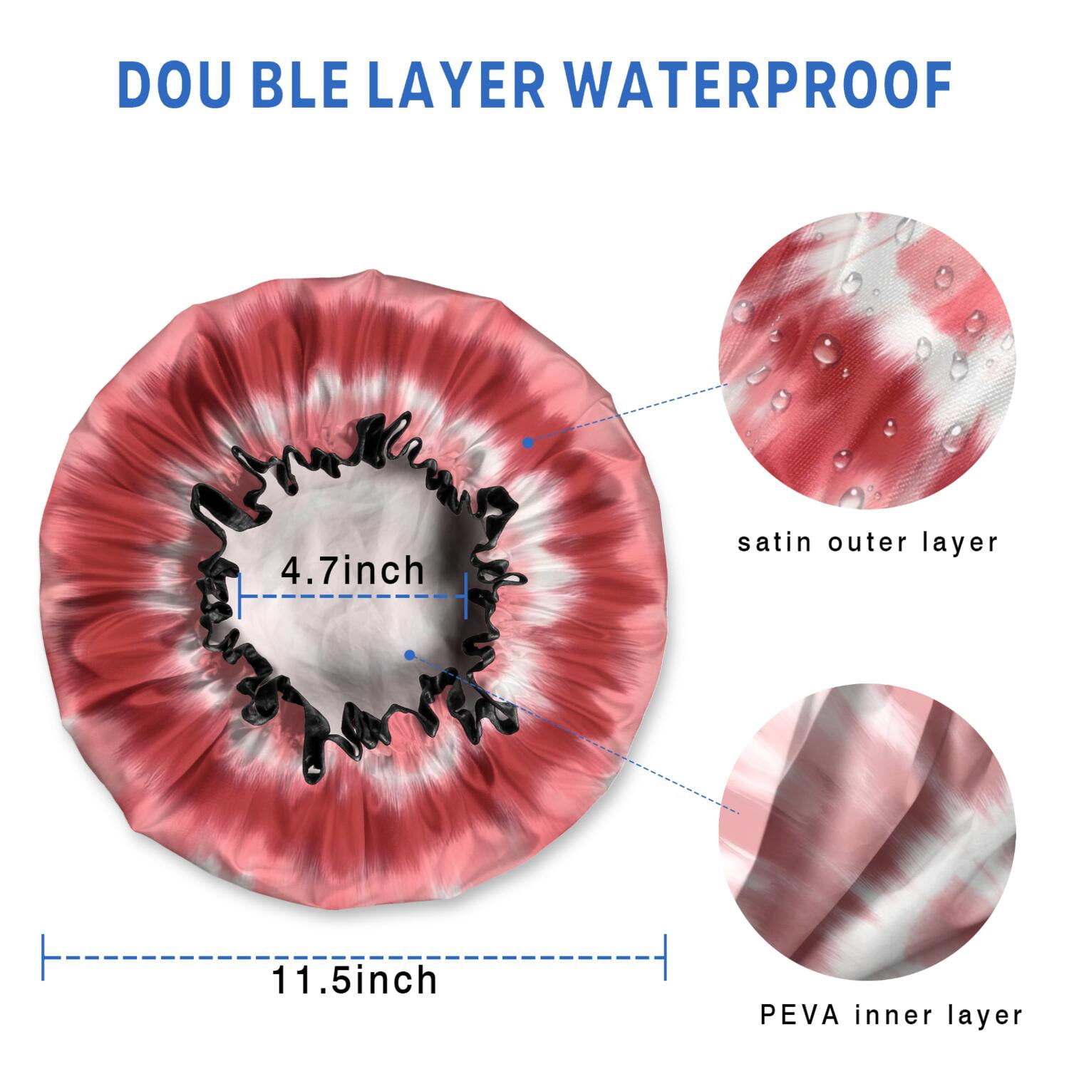 Shower Caps,Red White Tie Dye Mandala Pattern Waterproof Shower Cap for Women 4 Pieces,Double Reusable Hair Cover for Shower PEVA Elastic Stretch Hem