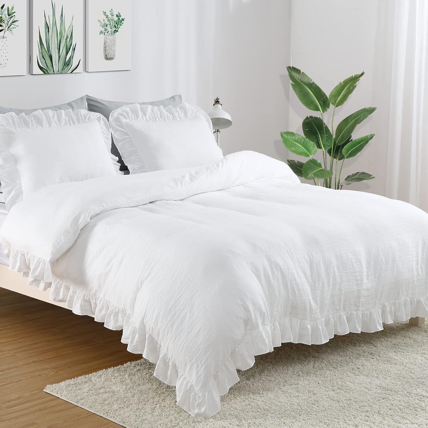 White Ruffle Queen Size Duvet Cover Set, 3PCS Soft Washed Microfiber Vintage French Country Design, 90x90 in, Luxurious Comfort & Easy Care