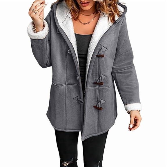 Women'S Fleece Collar Long Sleeve Hooded Button-Down Jacket with Pockets Gray XL