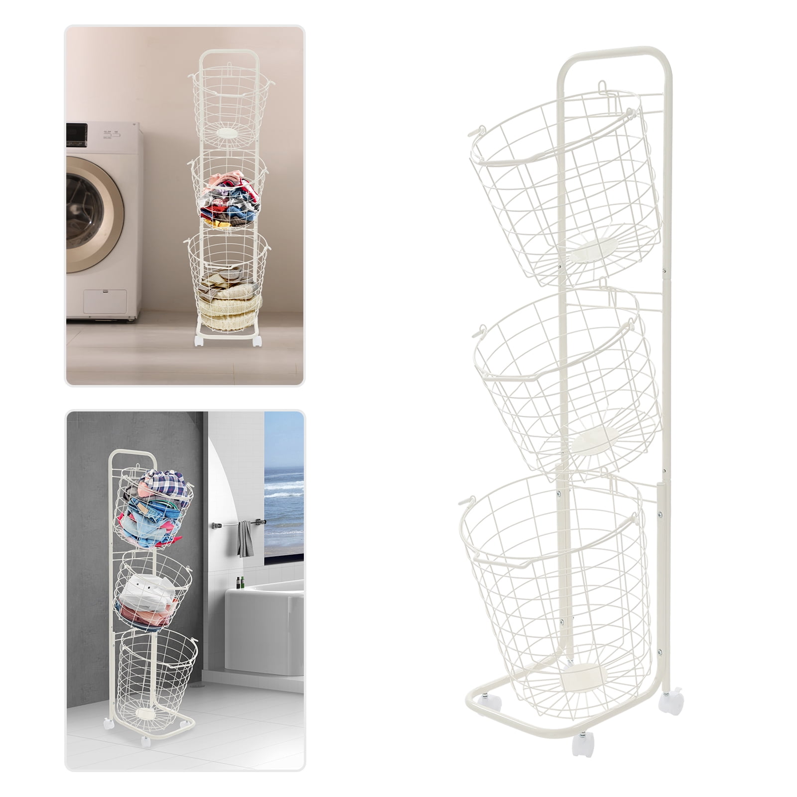 Miumaeov 3 Tier Laundry Hamper, Metal Standing Laundry Baskets, Removable Sorter Storage Trolley Shelf Basket with 4 Universal Wheels